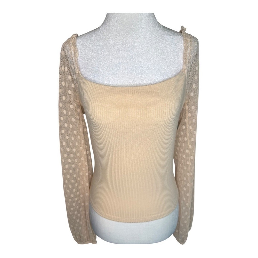 Lush Cream Ribbed Square Neck Top Polka Dot Mesh Long Sleeve Blouse Small NWT